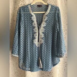 Hale Bob Blue Embroidered Crotchet Tunic with Tassel Front and 3/4 Sleeves